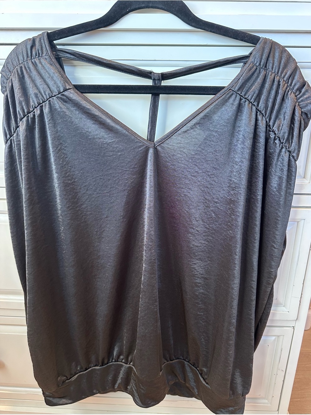 Day trip Satin V-Neck Strappy Back Blouse - Charcoal